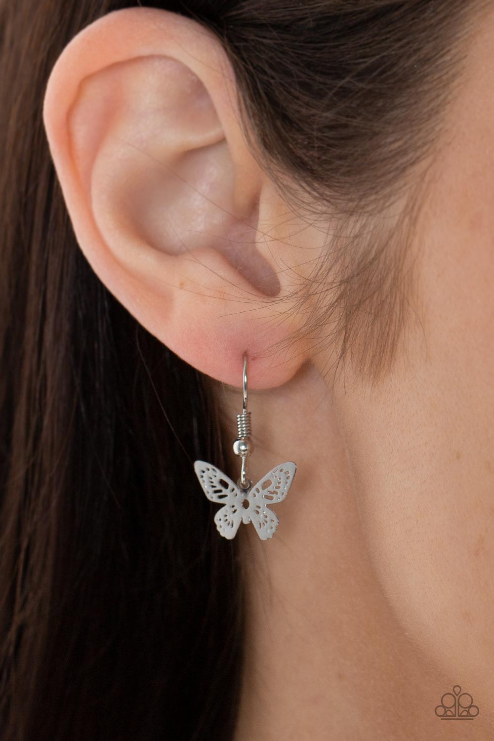 Flutter Love Multi Necklace - Paparazzi Accessories Layered with ornate silver wings, an iridescent rhinestone dotted butterfly flutters from a dainty silver chain below the collar for a whimsical fashion. Features an adjustable clasp closure. Sold as one individual necklace. Includes one pair of matching earrings.