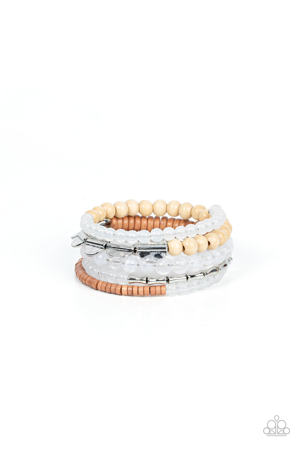 Free-Spirited Spiral White Bracelet - Paparazzi Accessories Mismatched sections of glassy and opaque white beads join silver discs, brown wooden beads, and brown disc-like beads along a coiled wire, creating an earthy infinity wrap bracelet around the wrist. Sold as one individual bracelet.