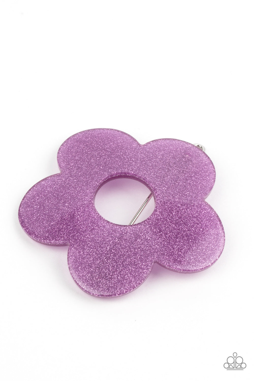 Flower Child Garden Purple Hair Clip - Paparazzi Accessories Dusted in dainty purple sparkles, a glittery purple floral frame pulls back the hair for a playful finish. Features a clamp barrette closure. Sold as one individual barrette.