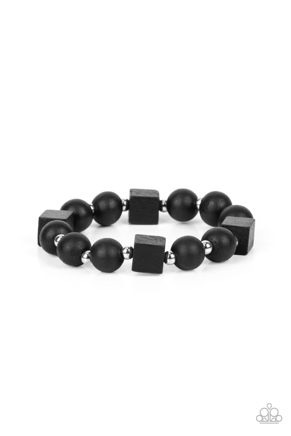 Timber Trendsetter Black Urban Bracelet - Paparazzi Accessories Infused with dainty silver beads, an earthy collection of round and cube black wooden beads are threaded along a stretchy band around the wrist for a natural look. Sold as one individual bracelet.