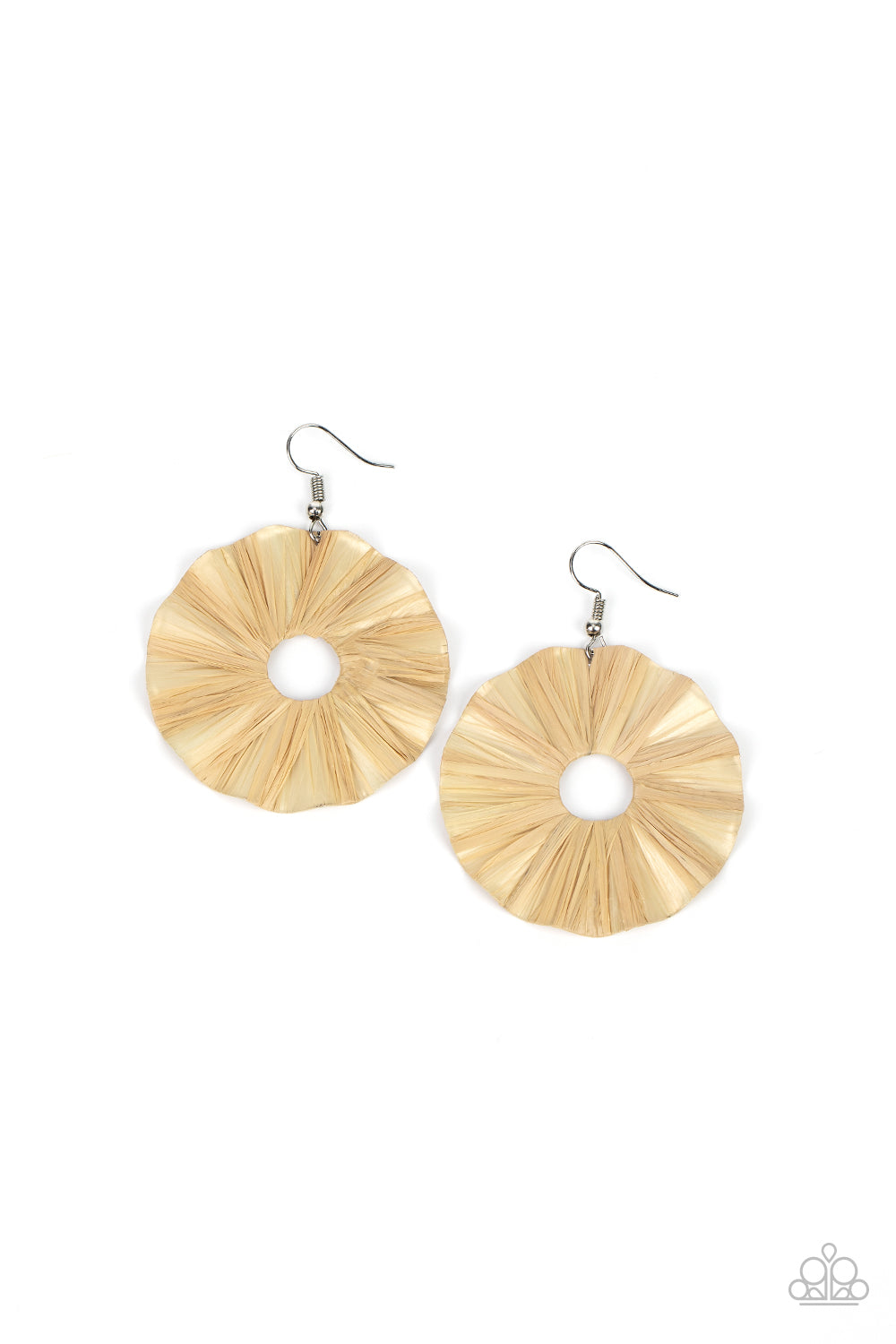 Fan the Breeze Brown Earring - Paparazzi Accessories Shiny tan crepe-like paper is wrapped around a rippling round disc, creating a modern display. Earring attaches to a standard fishhook fitting. Sold as one pair of earrings.