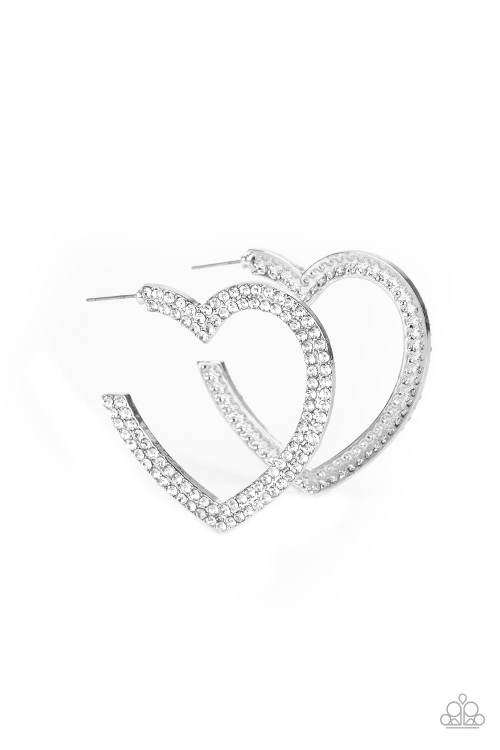 AMORE to Love White Hoop Earring - Paparazzi Accessories Two rows of blinding white rhinestones are encrusted along the front of a heart shaped silver hoop, creating a heart-stopping sparkle. Hoop measures approximately 2" in diameter. Earring attaches to a standard post fitting. Sold as one pair of hoop earrings.