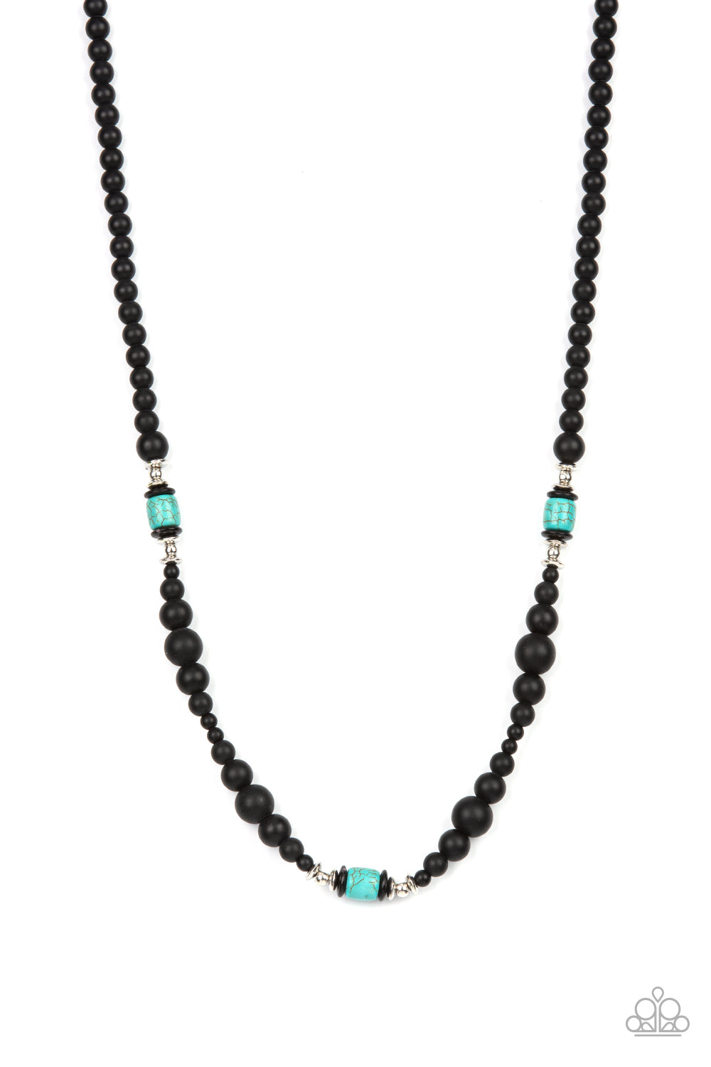 Stone Synchrony Blue Urban Necklace - Paparazzi Accessories Grounding sections of dainty silver beads and turquoise stone accents adorn a strand of black stone beads, creating an earthy compliment below the collar. Features an adjustable clasp closure. All Paparazzi Accessories are lead free and nickel free! Sold as one individual necklace.