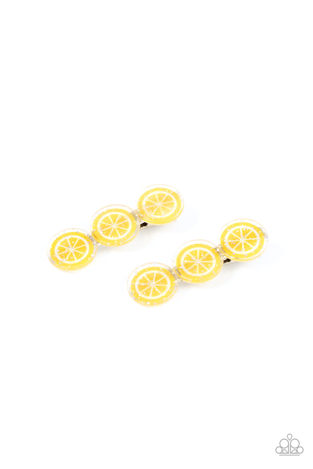 Charismatically Citrus Yellow Hair Clip - Paparazzi Accessories Sprinkled in sparkle, a zesty trio of lemon frames coalesce into a citrusy pair of hair clips. Features standard hair clips on the back. Sold as one pair of hair clips.