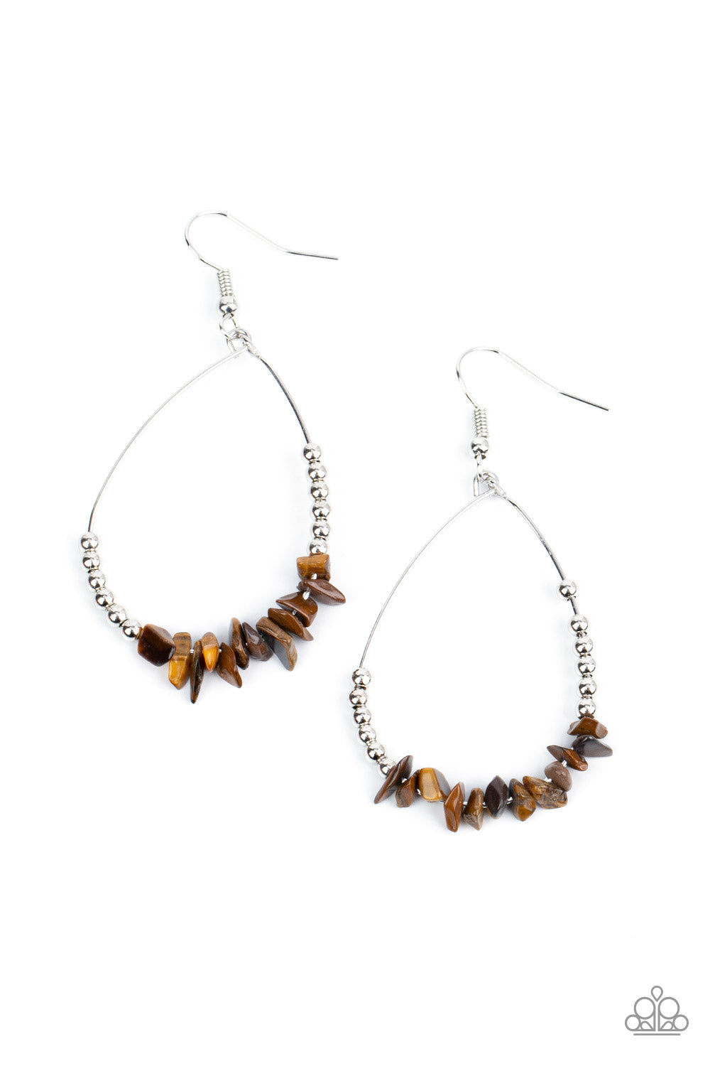 Come Out of Your SHALE Brown Earring - Paparazzi Accessories Dainty silver beads flank a row of refreshing tiger's eye rock beads along a dainty silver wire, creating an earthy teardrop frame. Earring attaches to a standard fishhook fitting. Sold as one pair of earrings.