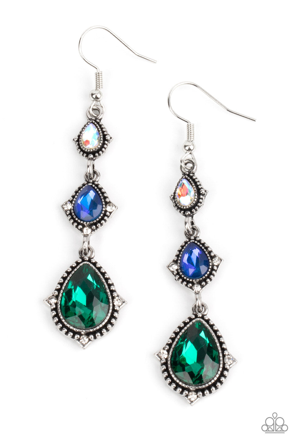 Prague Princess Multi Earring - Paparazzi Accessories Featuring studded silver frames, a sparkly trio of iridescent, blue, and green teardrop gems delicately link into a romantic lure. Dainty white rhinestones embellish the edges of the lowermost teardrops, adding a hint of glassy glamour. Earring attaches to a standard fishhook fitting. Sold as one pair of earrings.