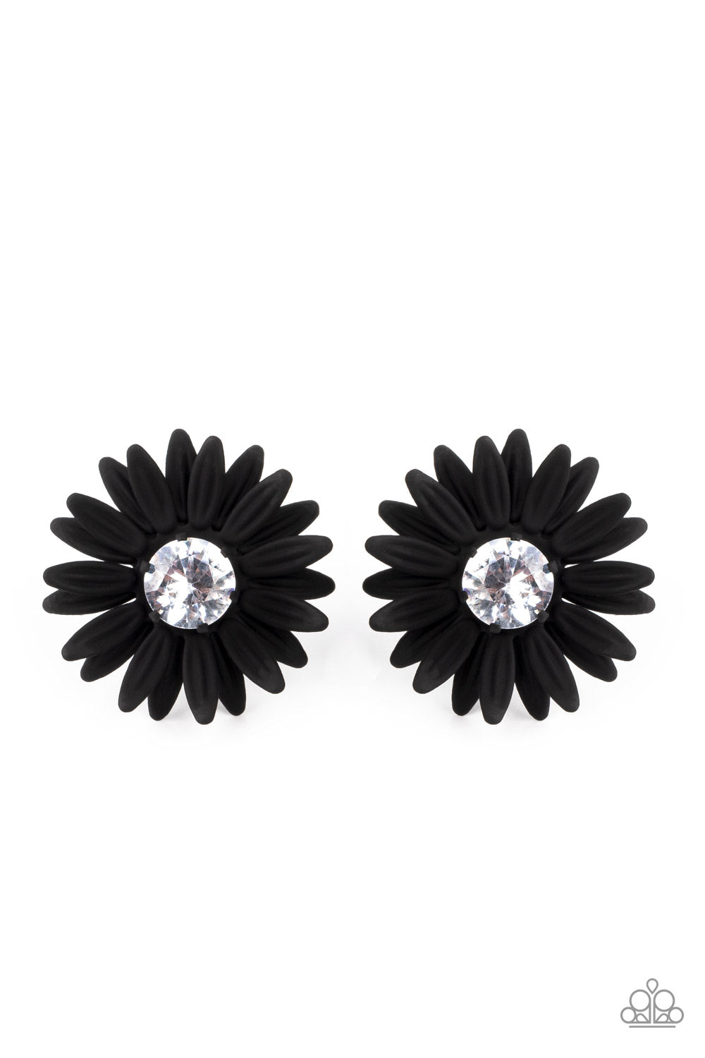 Sunshiny DAIS-y Black Post Earring - Paparazzi Accessories Layers of black petals fan out from an oversized white rhinestone fitting, blooming into a sparkly floral centerpiece. Earring attaches to a standard post fitting. Sold as one pair of post earrings.