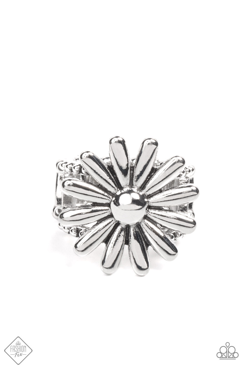 GROWING Steady Silver Ring - Paparazzi Accessories A splendidly whimsical shiny silver daisy sits atop layered and studded silver bands creating a blossoming centerpiece atop the finger. Features a stretchy band for a flexible fit. Sold as one individual ring.