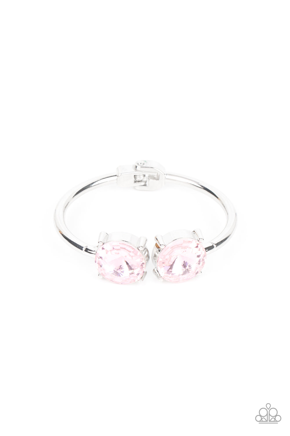 Spark and Sizzle Pink Hinge Bracelet - Paparazzi Accessories Two dramatically oversized pink rhinestones are nestled inside pronged silver fittings at the ends of a hinged silver cuff, creating a sparkly statement piece that wraps boldly around the wrist. Features a hinged closure. Sold as one individual bracelet.