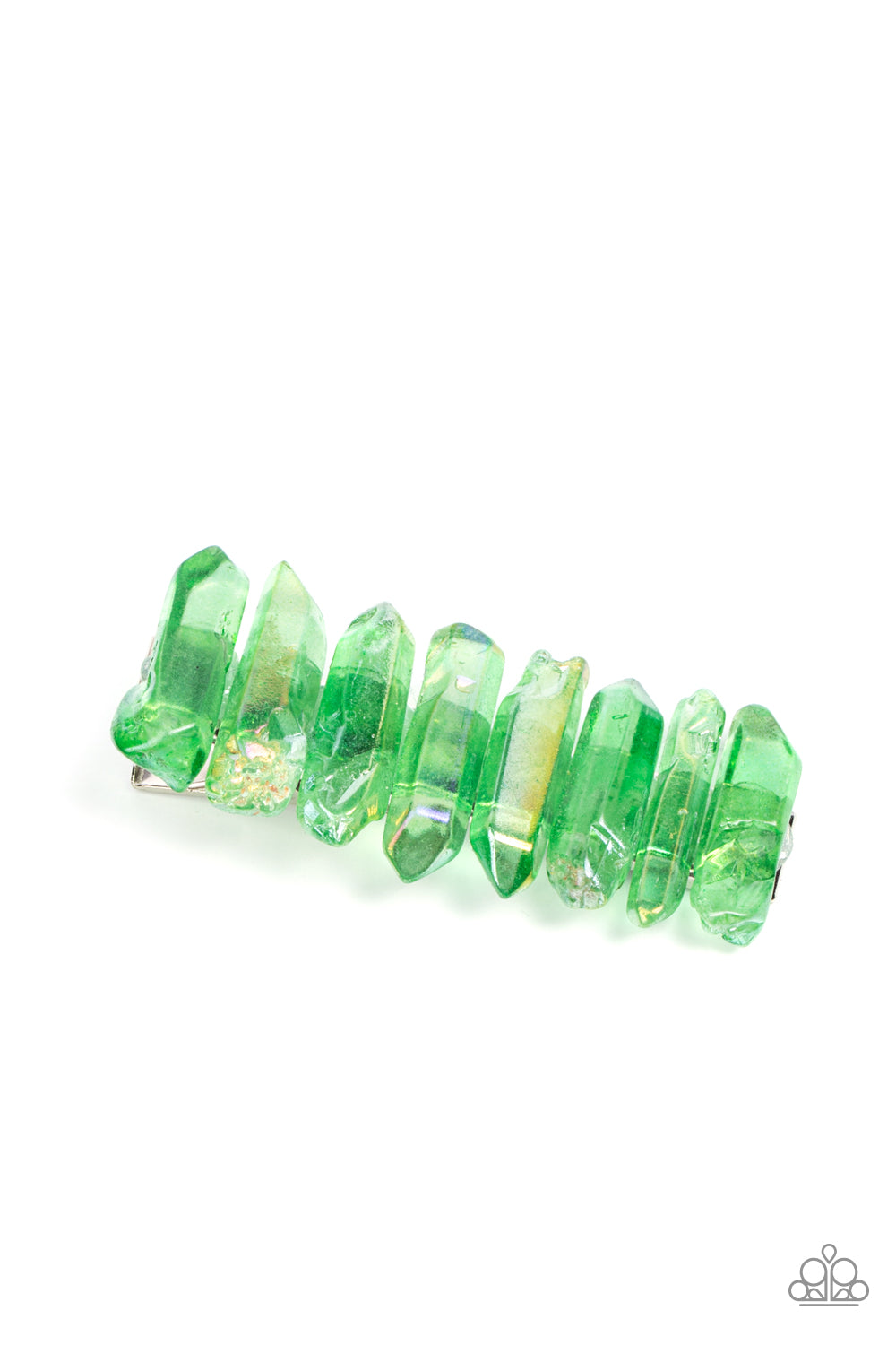 Crystal Caves Green Hair Clip - Paparazzi Accessories Raw cut iridescent green crystals stack across the front of a rectangular silver frame, creating an ethereally earthy centerpiece. Features a standard hair clip on the back. Sold as one individual hair clip.