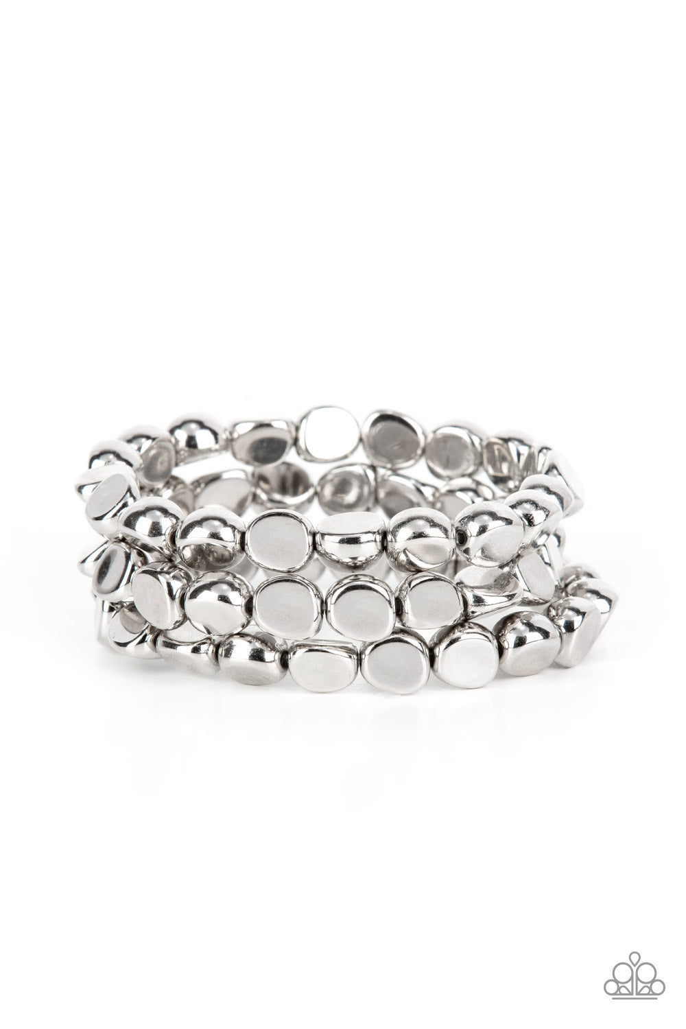 HAUTE Stone Silver Bracelet - Paparazzi Accessories Featuring irregular stone shapes, a shiny series of silver beads are threaded along stretchy bands around the wrist for a bold pop of monochromatic magic. Sold as one set of three bracelets.