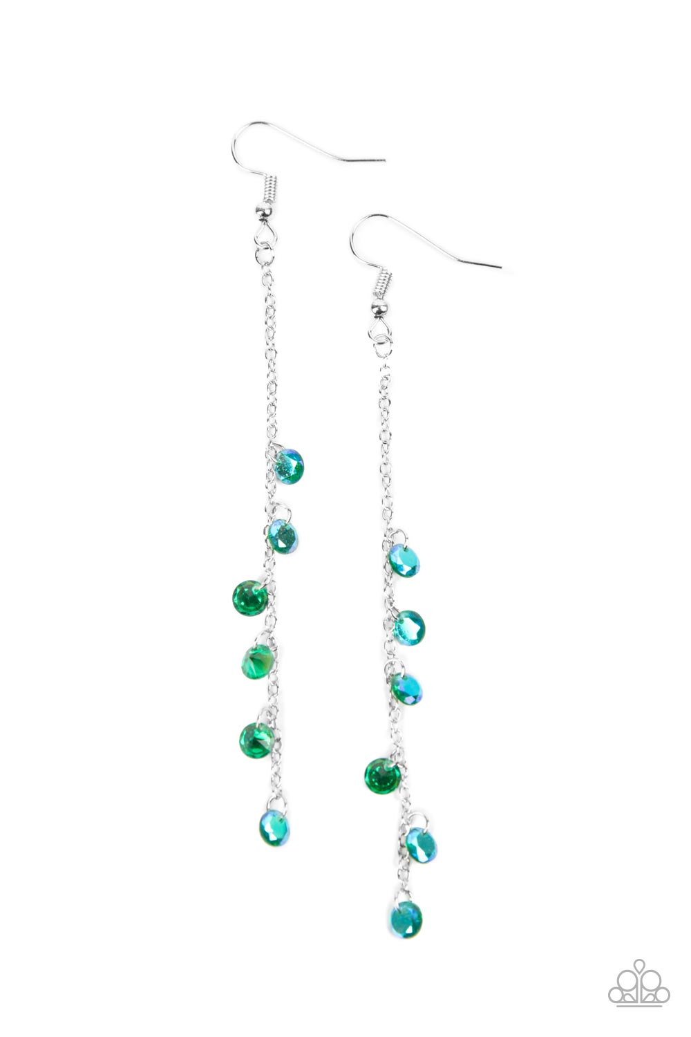 Extended Eloquence Green Earring - Paparazzi Accessories Featuring stellar iridescence, a dainty collection of glassy green rhinestones tumble down a lengthened silver chain for a twinkly tasseled look. Earring attaches to a standard fishhook fitting. Sold as one pair of earrings.
