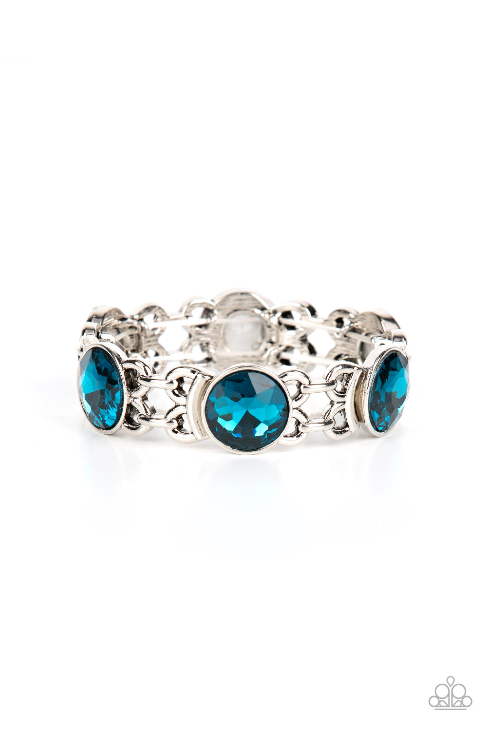 Devoted to Drama Blue Bracelet - Paparazzi Accessories Featuring edgy chain-like fittings, a sparkly series of oversized blue rhinestones are threaded along stretchy bands around the wrist for a dramatic pop of glitz. Sold as one individual bracelet.