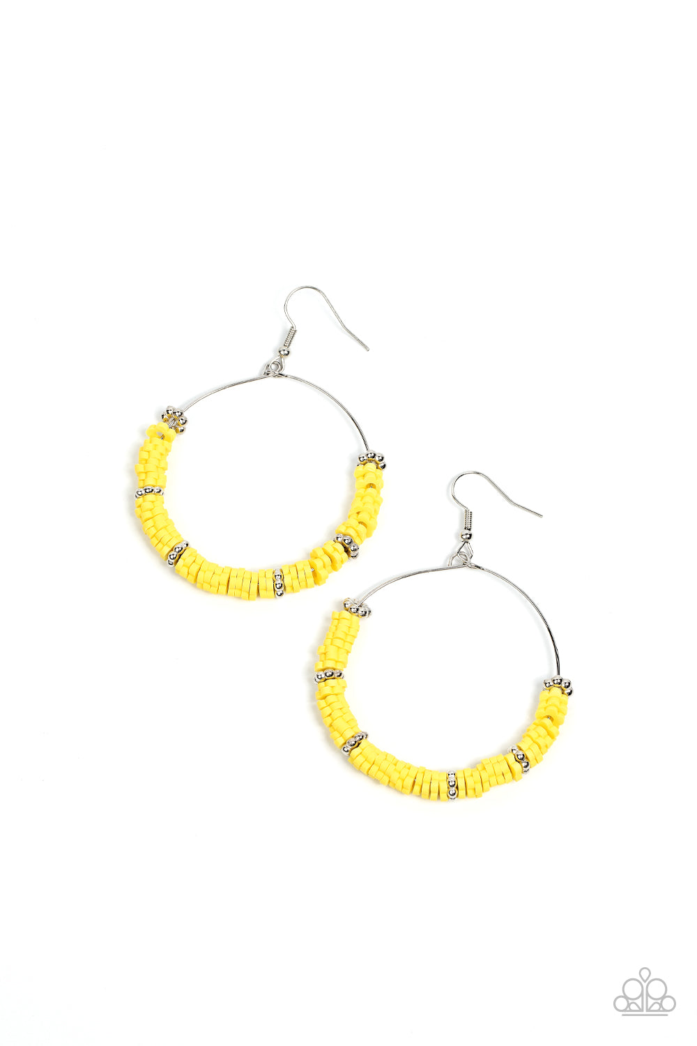 Loudly Layered Yellow Earring - Paparazzi Accessories Infused with studded silver floral-shaped rings, a sunny collection of rubbery Illuminating flowers are threaded along a dainty wire hoop for a whimsical pop of color. Earring attaches to a standard fishhook fitting. Sold as one pair of earrings.