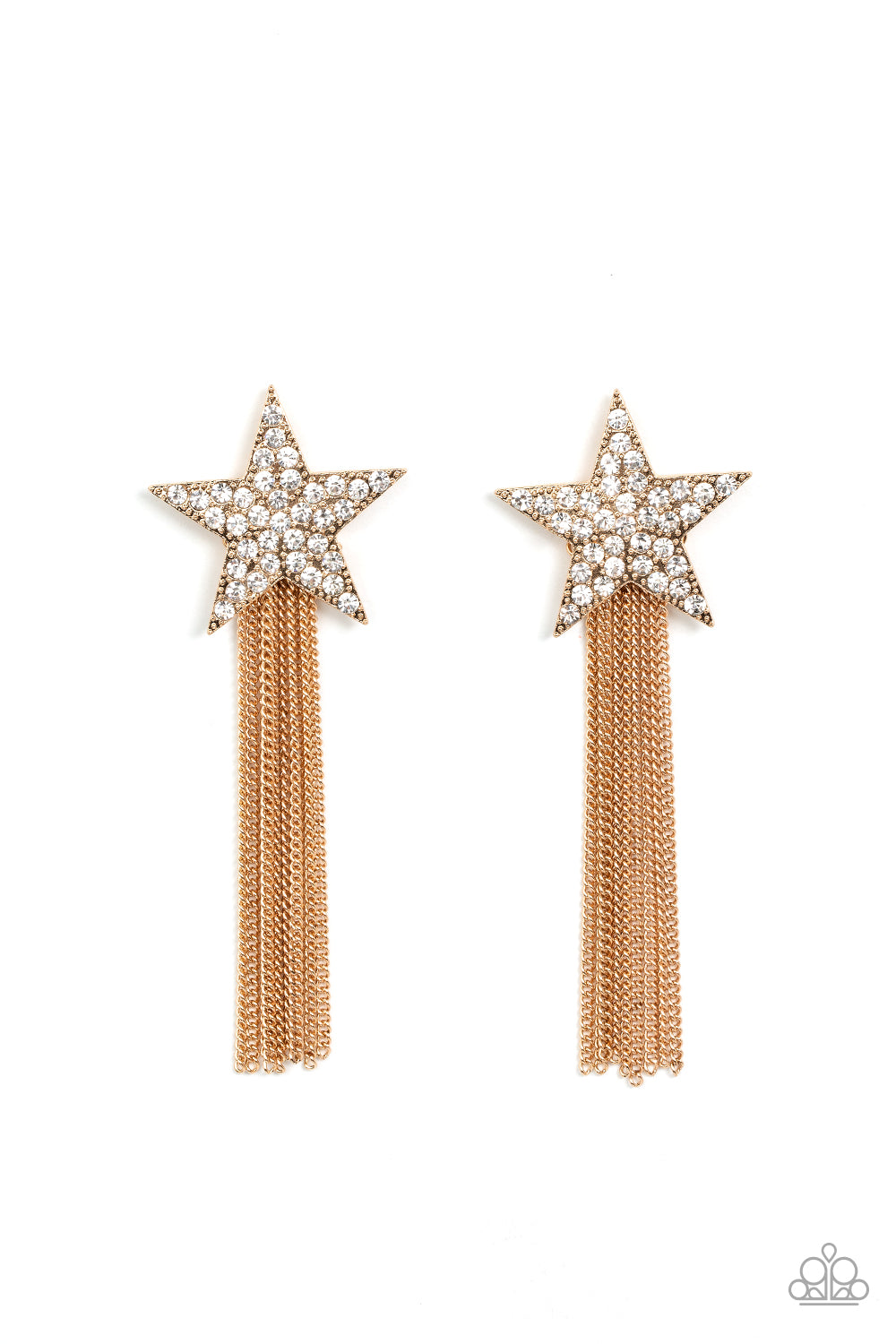 Superstar Solo Gold Star Post Earring - Paparazzi Accessories A curtain of gold chains streams out from the bottom of an oversized gold star encrusted in blinding white rhinestones, resulting in a stellar tassel. Earring attaches to a standard post fitting. Sold as one pair of post earrings.