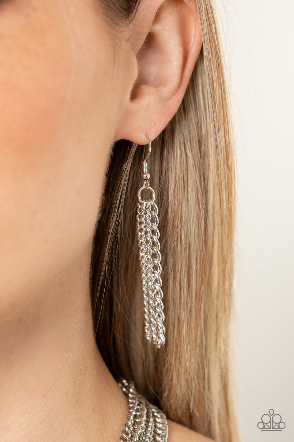 Top of the Food Chain Silver Necklace - Paparazzi Accessories An intense display of mismatched silver chains boldly layer across the chest, resulting in an edgy industrial vibe. Features an adjustable clasp closure. Sold as one individual necklace. Includes one pair of matching earrings.