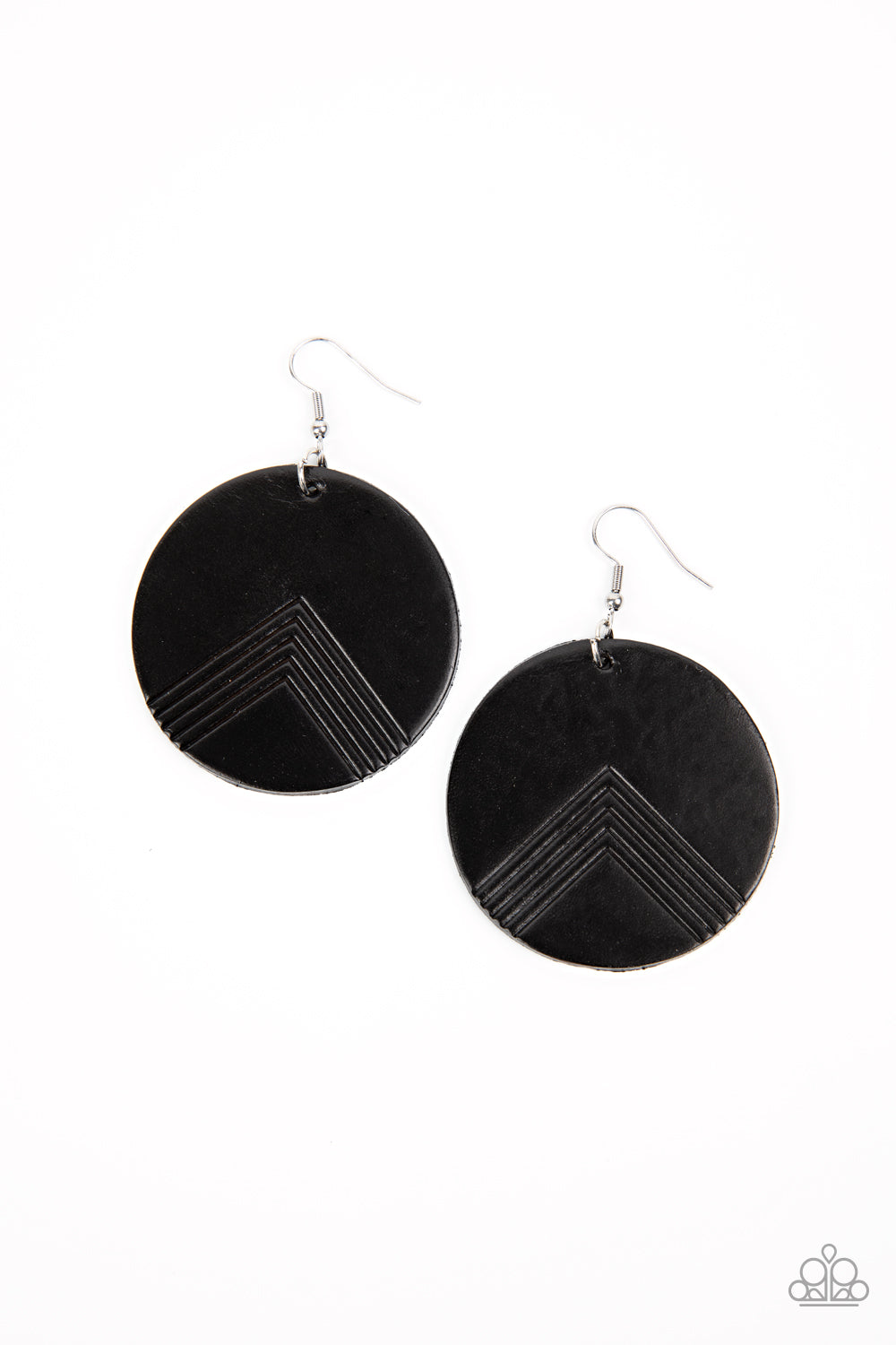 On the Edge of Edgy Black Leather Earring - Paparazzi Accessories A black leather disc is etched in an angular geometric accent, creating a modern look. Earring attaches to a standard fishhook fitting. Sold as one pair of earrings. P5SE-BKXX-275XX