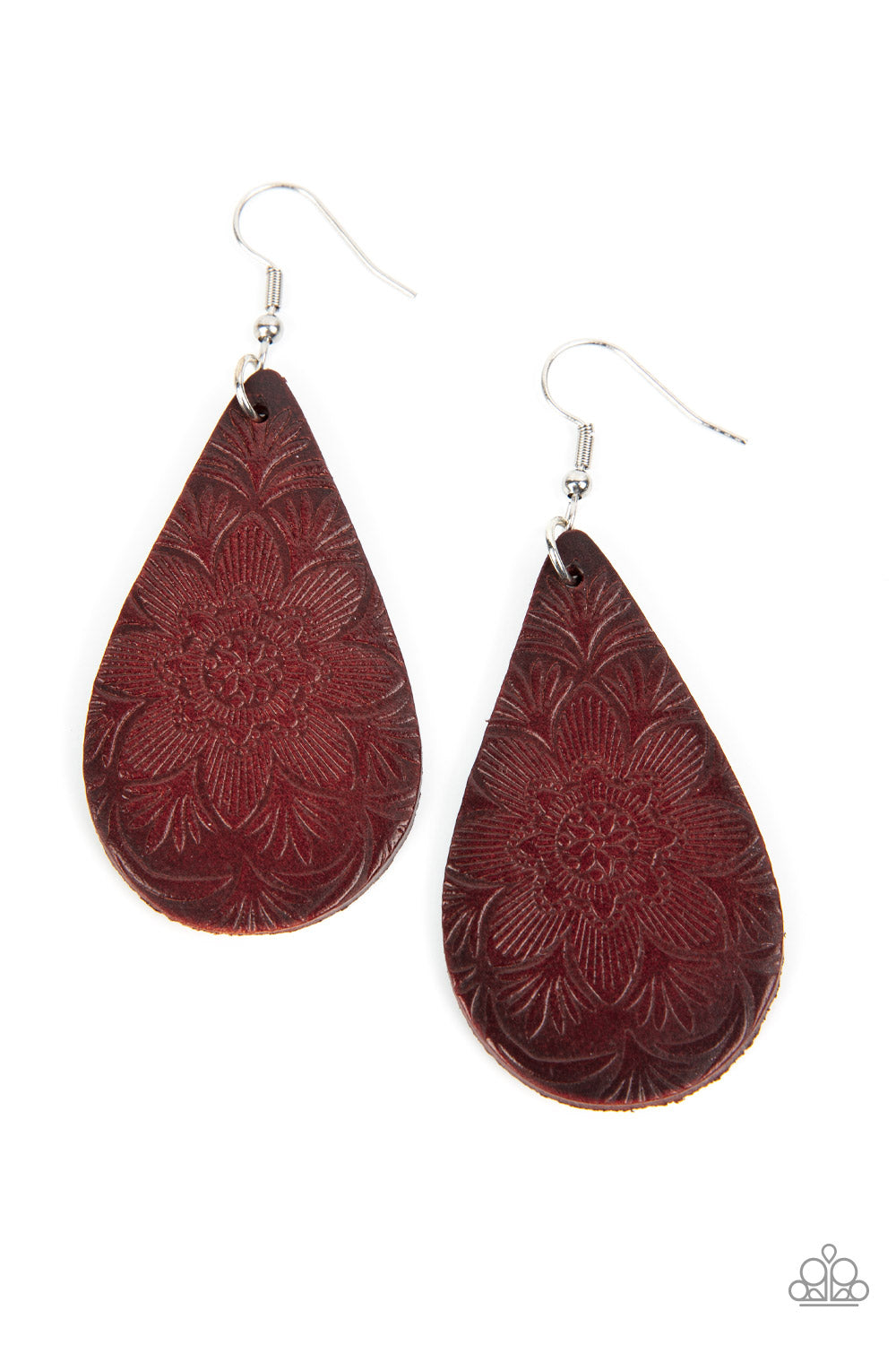 Subtropical Seasons Brown Earring - Paparazzi Accessories Embossed in a tropical floral pattern, a distressed brown leather teardrop swings from the ear for a whimsically rustic flair. Earring attaches to a standard fishhook fitting. Sold as one pair of earrings.