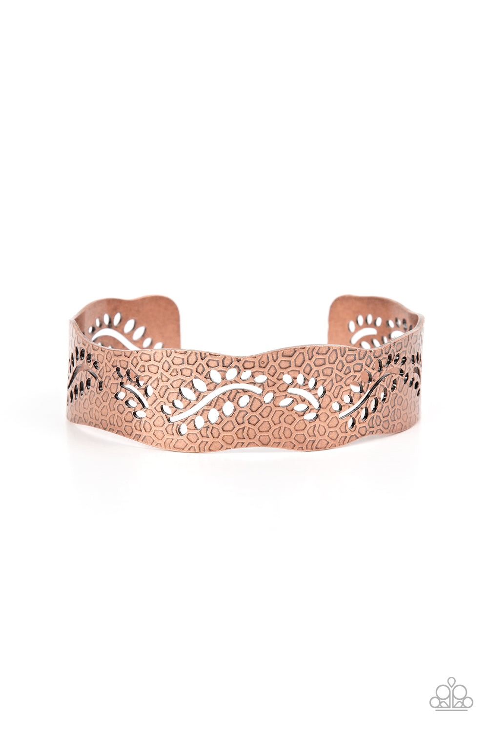Savanna Oasis - Copper Item #P9BA-CPXX-073XX A wavy copper cuff is rustically embossed in an abstract honeycomb texture and stenciled in airy leafy patterns, resulting in a seasonal centerpiece around the wrist. Sold as one individual bracelet.