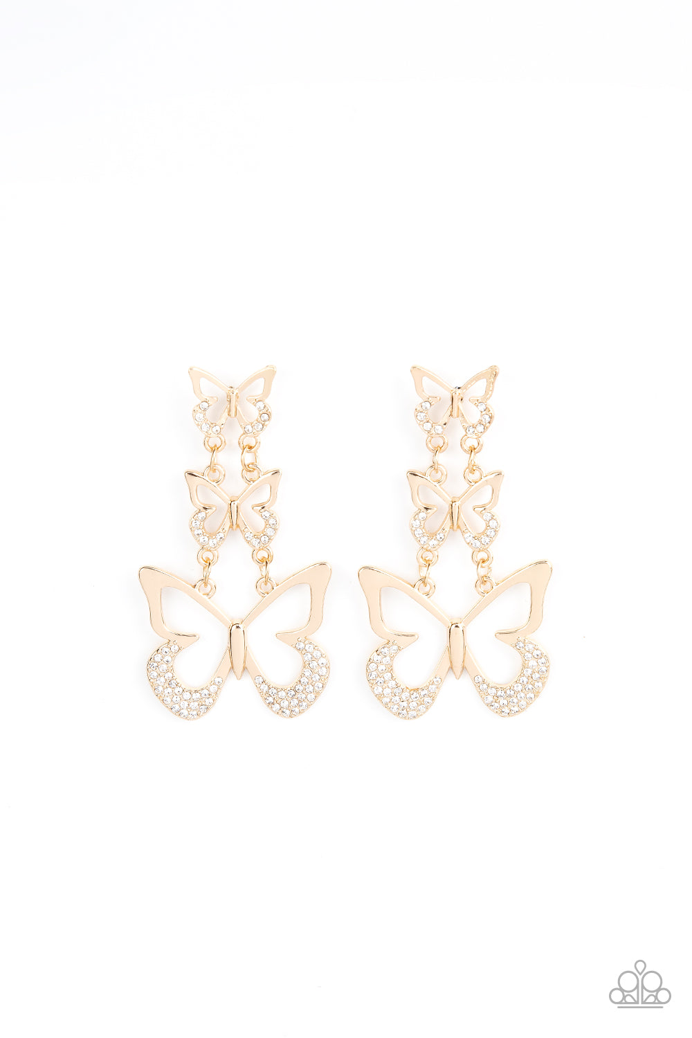 Flamboyant Flutter Gold Butterfly Earring - Paparazzi Accessories An airy trio of gold butterflies gradually increase in size as they link into a whimsical lure. The bottom of each butterfly has been dipped in white rhinestones, adding a glitzy finish to the fluttering centerpiece. Earring attaches to a standard post fitting. Sold as one pair of post earrings.