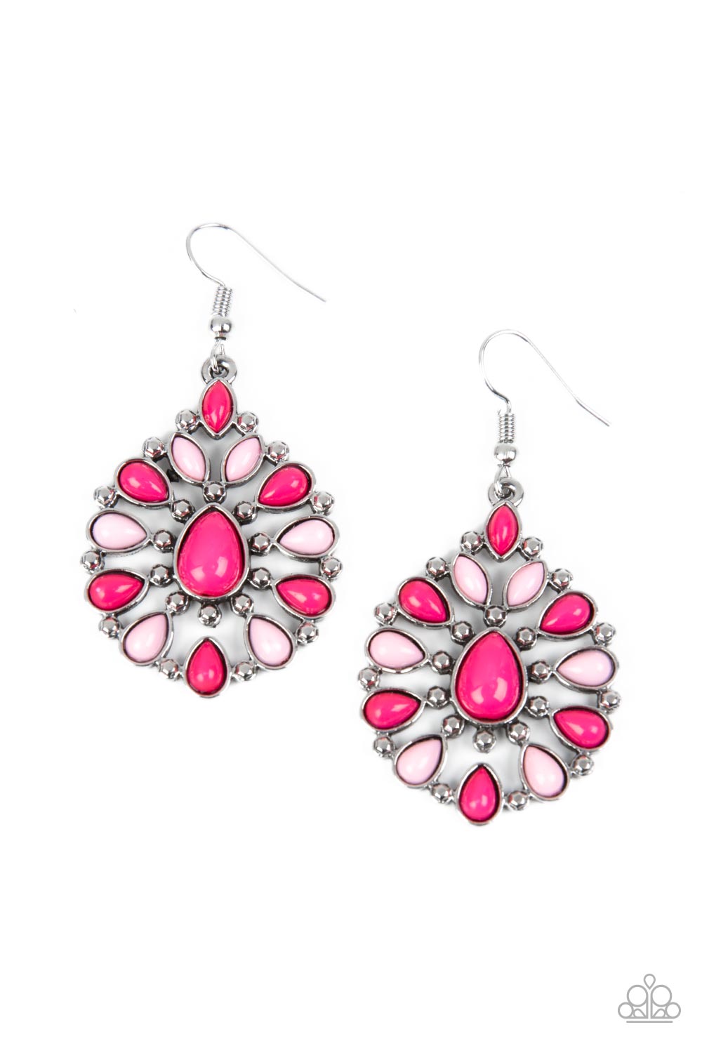Lively Luncheon Pink Earring - Paparazzi Accessories Bubbly pink and Pale Rosette beads fan out from a studded pink teardrop center, resulting in a colorful frame. Earring attaches to a standard fishhook fitting. Sold as one pair of earrings.
