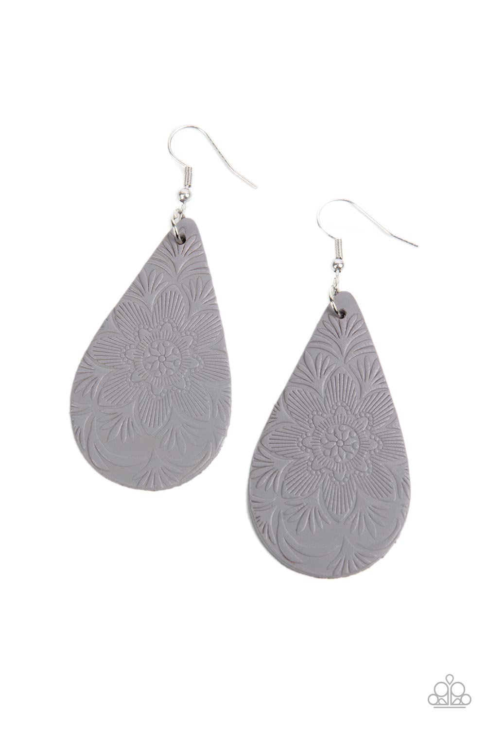 Subtropical Seasons Silver Earring - Paparazzi Accessories Embossed in a tropical floral pattern, a distressed Ultimate Gray leather teardrop swings from the ear for a whimsically rustic flair. Earring attaches to a standard fishhook fitting. Sold as one pair of earrings.