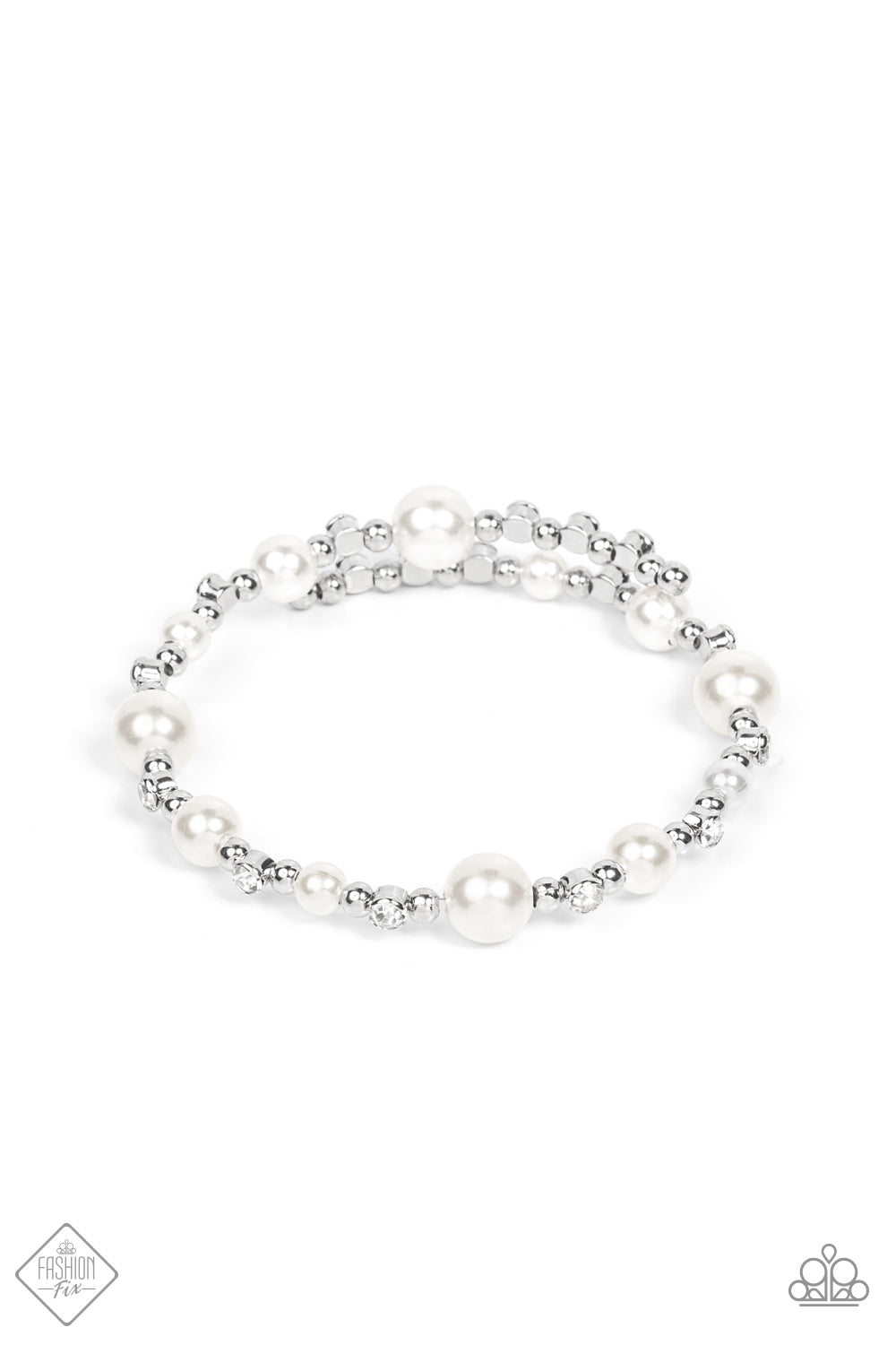 Chicly Celebrity White Pearl Bracelet - Paparazzi Accessories Luscious bubbly pearls and brilliant white rhinestones are accented with shiny silver beads threaded along a single wire to create a chicly glamorous infinity wrap bracelet. All Paparazzi Accessories are lead free and nickel free! Sold as one individual bracelet.