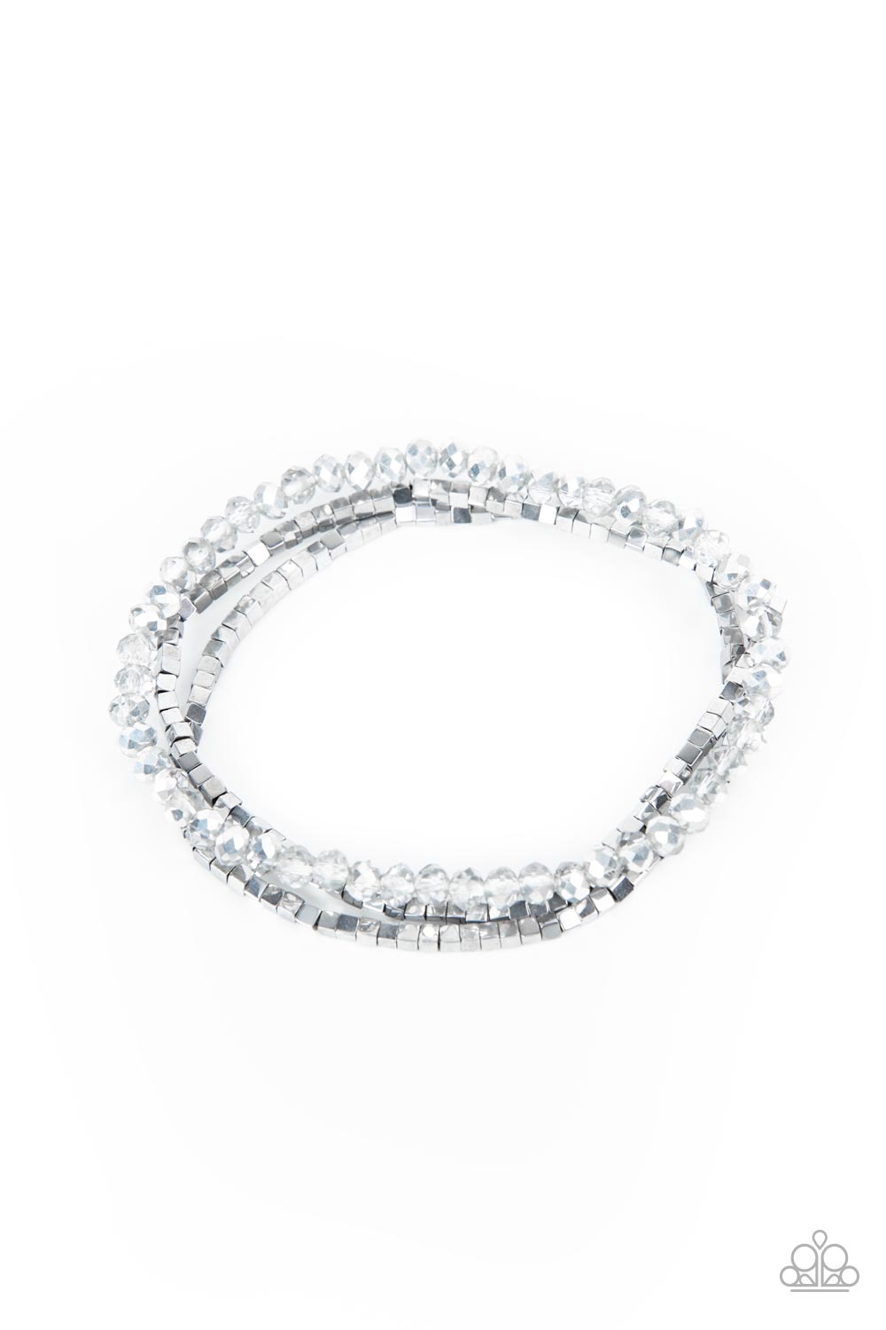 Just a Spritz Silver Bracelet - Paparazzi Accessories Two rows of dainty silver cube beads and one row of smoky crystal-like beads are threaded along stretchy bands around the wrist, creating stellar layers. Sold as one set of three bracelets.