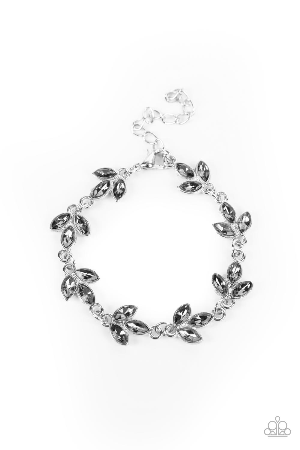 Gala Garland Silver Bracelet - Paparazzi Accessories Smoky trios of marquise cut rhinestones gather into leafy frames as they delicately link around the wrist, resulting in a radiant centerpiece. Features an adjustable clasp closure. Sold as one individual bracelet.