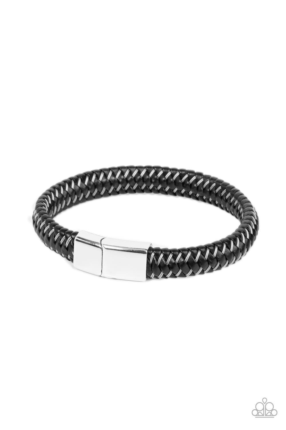 HAUTE-breaker Silver Urban Bracelet - Paparazzi Accessories A shiny collection of silver cording and black leather laces intricately weave around the wrist, invoking an urban vibe. Features a magnetic closure. Sold as one individual bracelet.