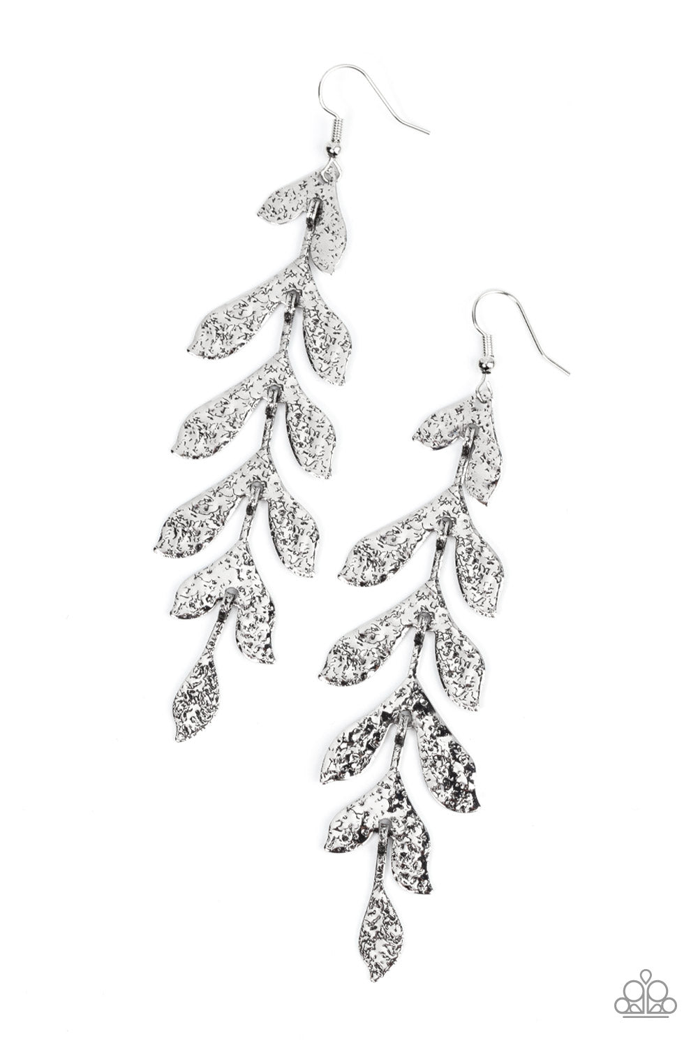 Lead From the FROND Silver Earring - Paparazzi Accessories Hammered in a rustic finish, antiqued silver frames delicately link into a leafy lure for a seasonal inspired style. Earring attaches to a standard fishhook fitting. Sold as one pair of earrings.