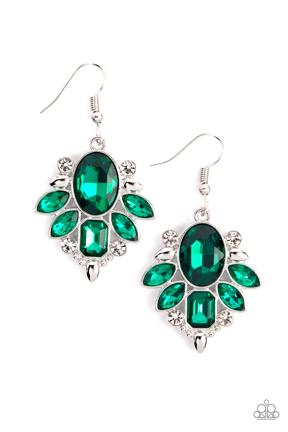 Glitzy Go-Getter Green Earring - Paparazzi Accessories A regal green gem makes a sparkling centerpiece amidst a glitzy fringe of marquise and emerald cut green rhinestones resulting in a timeless lure. Earring attaches to a standard fishhook fitting. Sold as one pair of earrings.