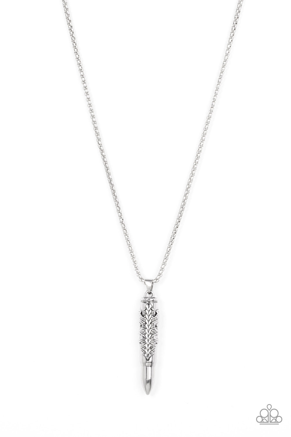 Mysterious Marksman Silver Urban Necklace - Paparazzi Accessories Wrapped in a tribal inspired motif, an antiqued silver bullet-like pendant swings from the bottom of a rounded strand of silver box chain for a rustic look. Features an adjustable clasp closure. Sold as one individual necklace.