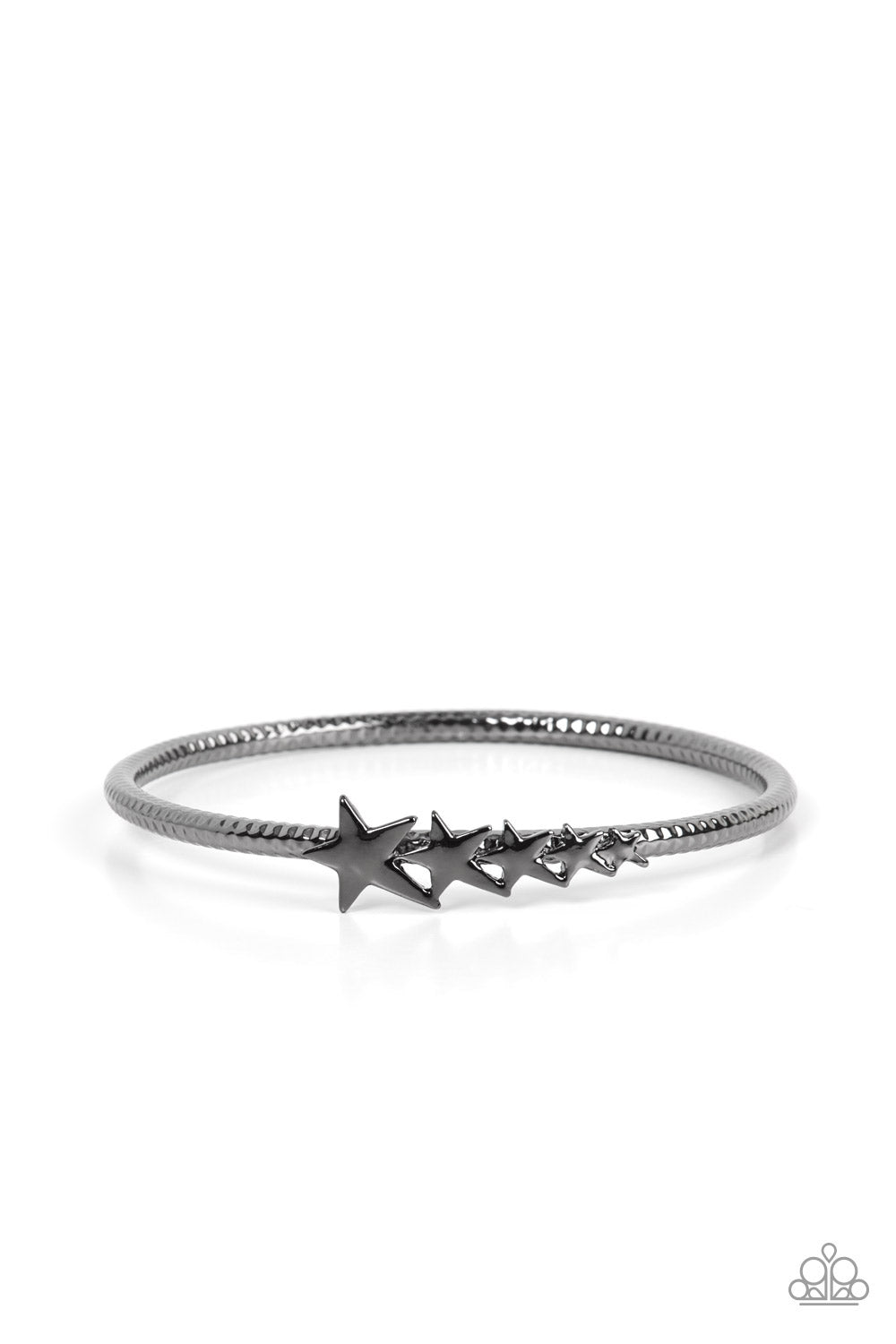Astrological A-Lister Black Bangle Bracelet - Paparazzi Accessories Glistening gunmetal stars graduate in size across the center of a textured gunmetal bangle, creating a stackable stellar centerpiece around the wrist. Sold as one individual bracelet.