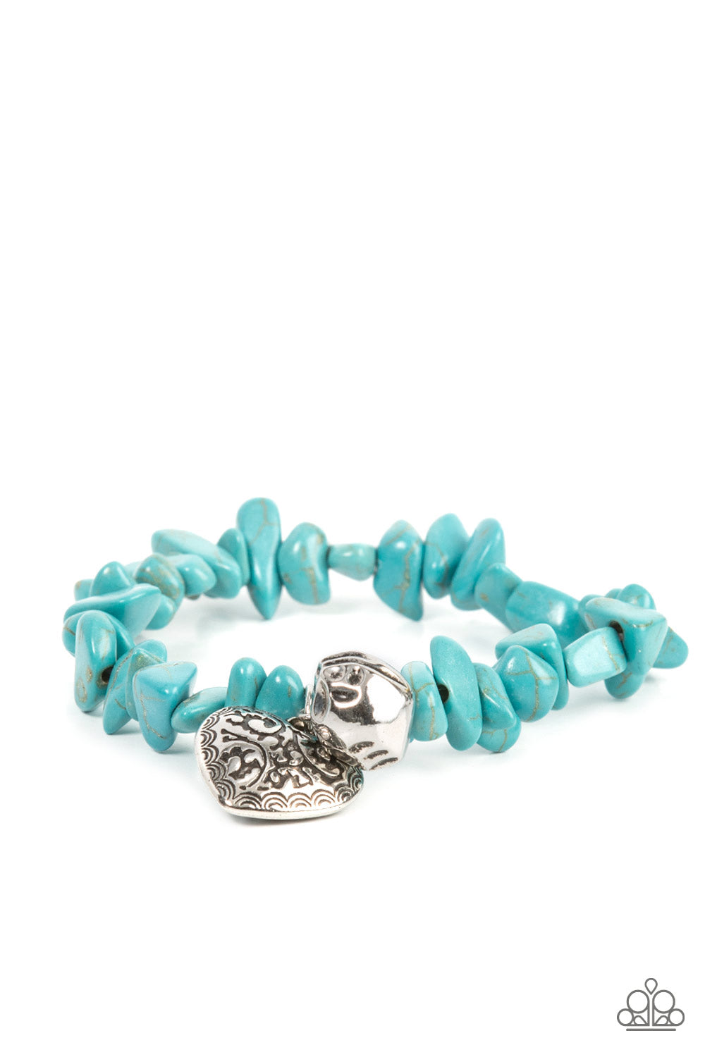 Love You to Pieces Turquoise Bracelet - Paparazzi Accessories Infused with a hammered silver bead and a decorative silver heart charm, an earthy collection of turquoise pebbles are threaded along a stretchy band around the wrist for a whimsical fashion. Sold as one individual bracelet.
