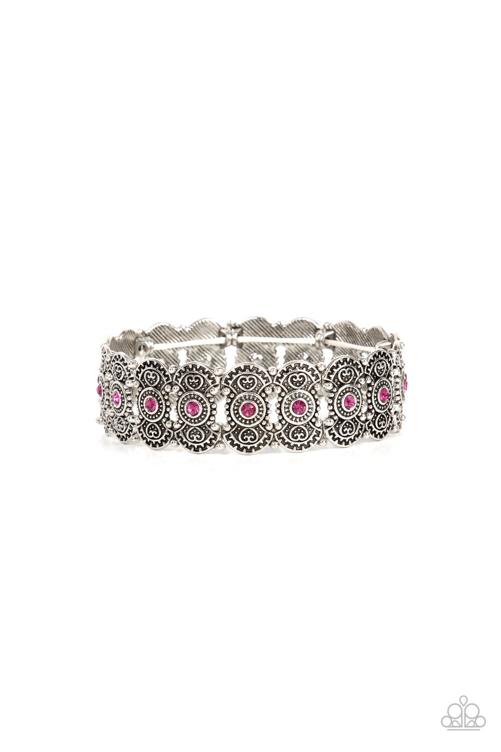 Rapturous Romance Pink Bracelet - Paparazzi Accessories Dotted with sparkly pink rhinestones, pairs of studded and heart embossed patterned silver frames are threaded along stretchy bands around the wrist for a romantic fashion. Sold as one individual bracelet.