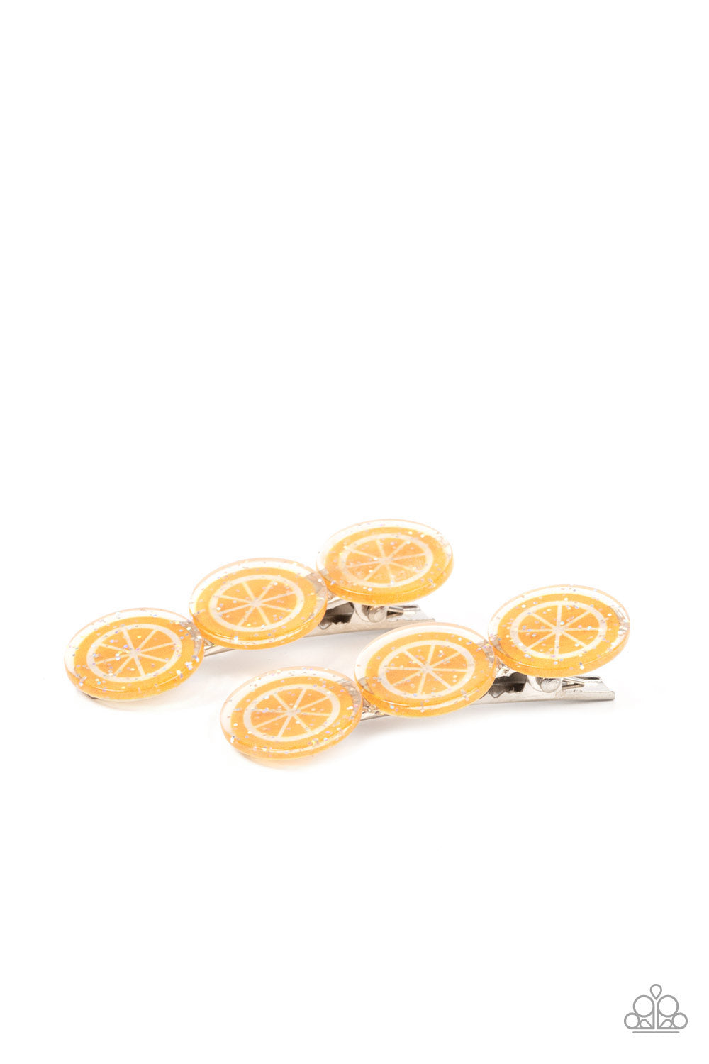 Charismatically Citrus Orange Hair Clip - Paparazzi Accessories Sprinkled in sparkle, a zesty trio of orange frames coalesce into a citrusy pair of hair clips. Features standard hair clips on the back. Sold as one pair of hair clips.
