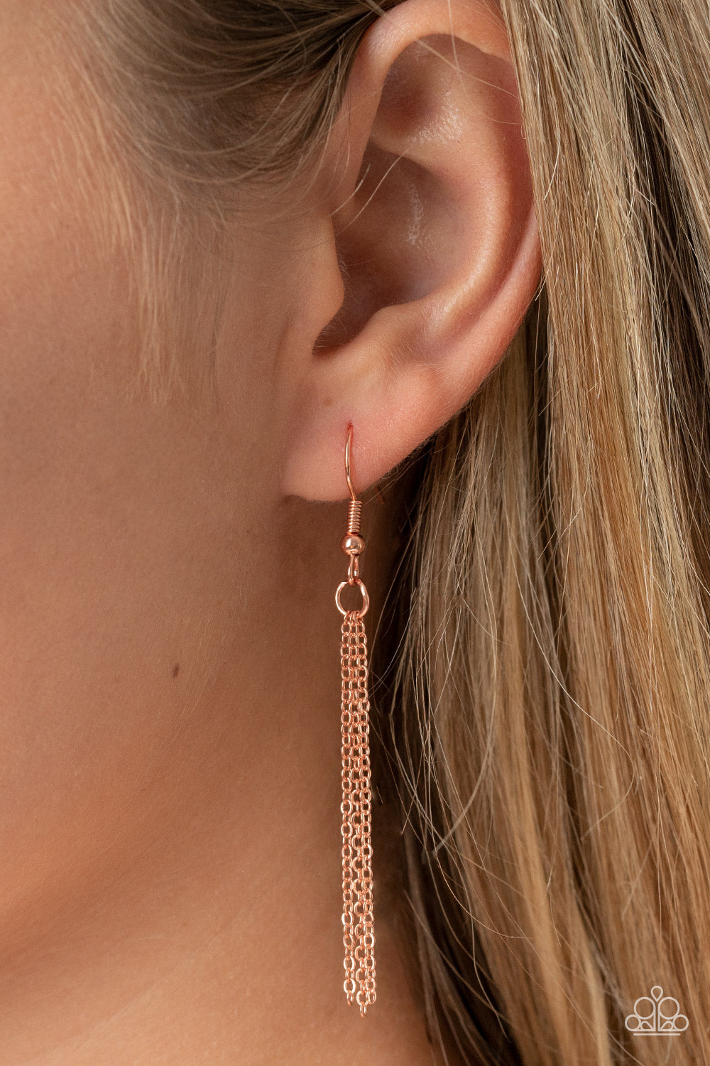 Interstellar Royal Copper Necklace - Paparazzi Accessories Encased in a shiny copper fitting, an iridescent teardrop gem glides along a dainty shiny copper chain below the collar for a stellar fashion. Features an adjustable clasp closure. Sold as one individual necklace. Includes one pair of matching earrings.