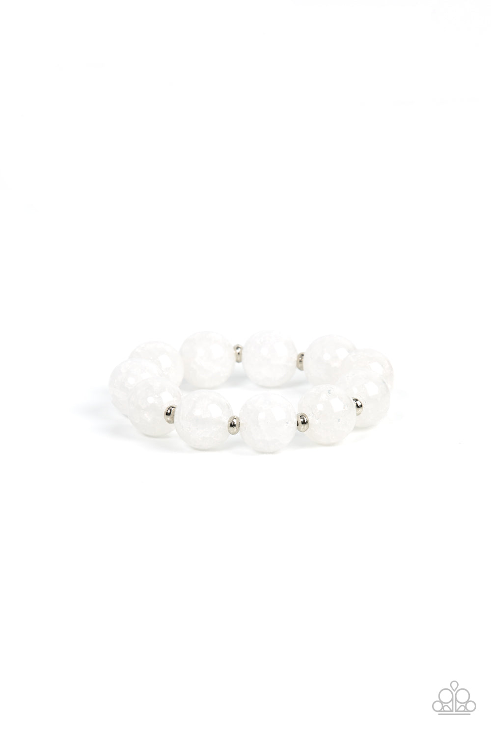 Arctic Affluence White Bracelet - Paparazzi Accessories Infused with dainty silver accents, an oversized collection of crackly white glass-like beads are threaded along stretchy bands around the wrist for an icy look. Sold as one individual bracelet.