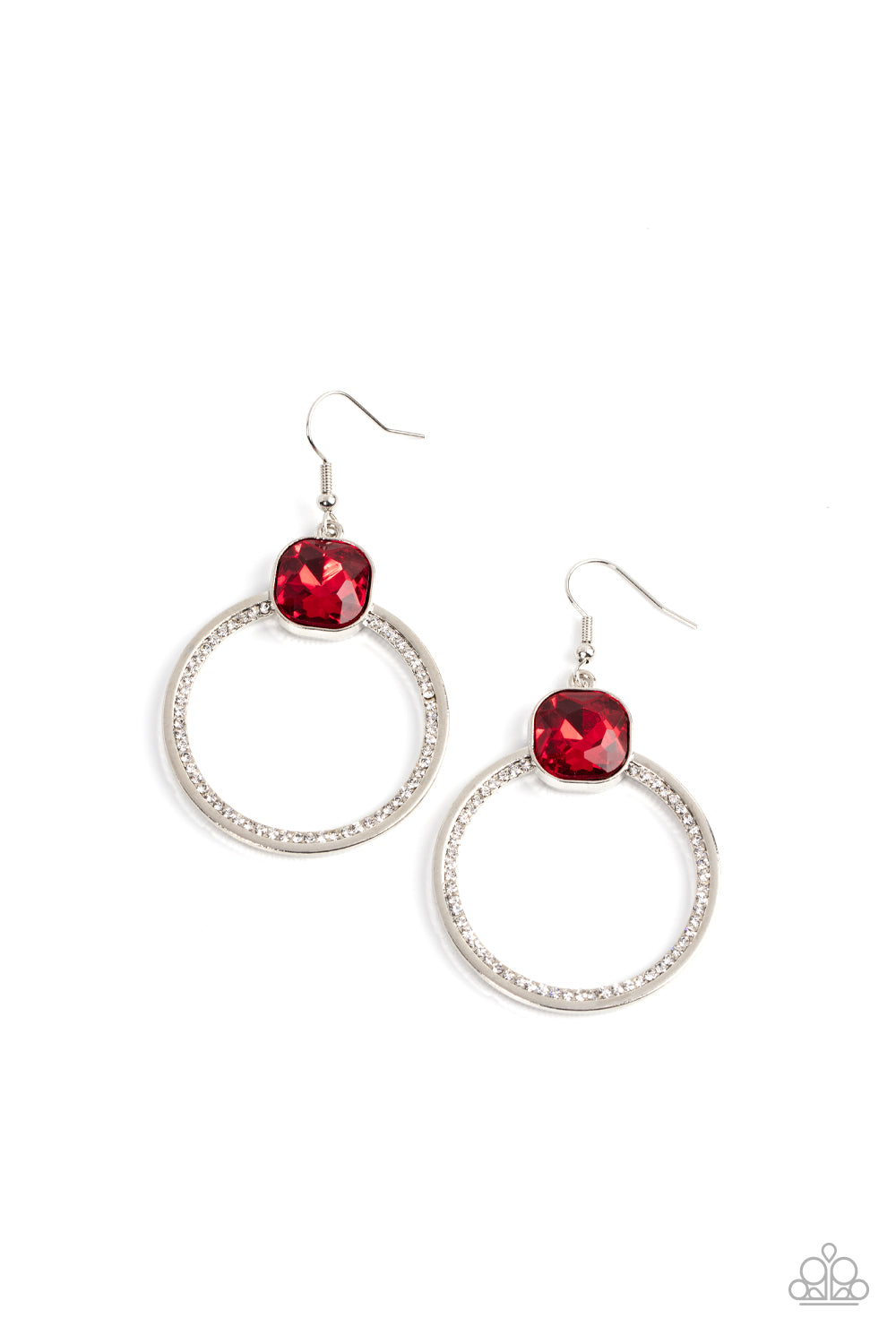 Cheers to Happily Ever After Red Earring - Paparazzi Accessories An oversized red gem sits atop a silver hoop with an inner ring encrusted in glitzy white rhinestones, resulting in a timeless twinkle. Earring attaches to a standard fishhook fitting. Sold as one pair of earrings.