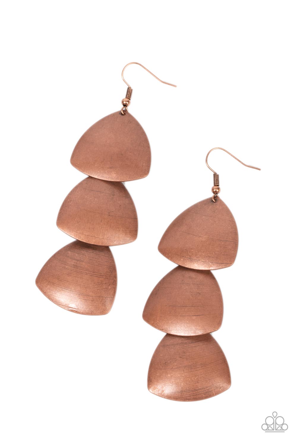 Modishly Metallic Copper Earring - Paparazzi Accessories Delicately scratched in rustic shimmer, oversized copper triangular plates delicately overlap as they link into a bold metallic lure. Earring attaches to a standard fishhook fitting. Sold as one pair of earrings.