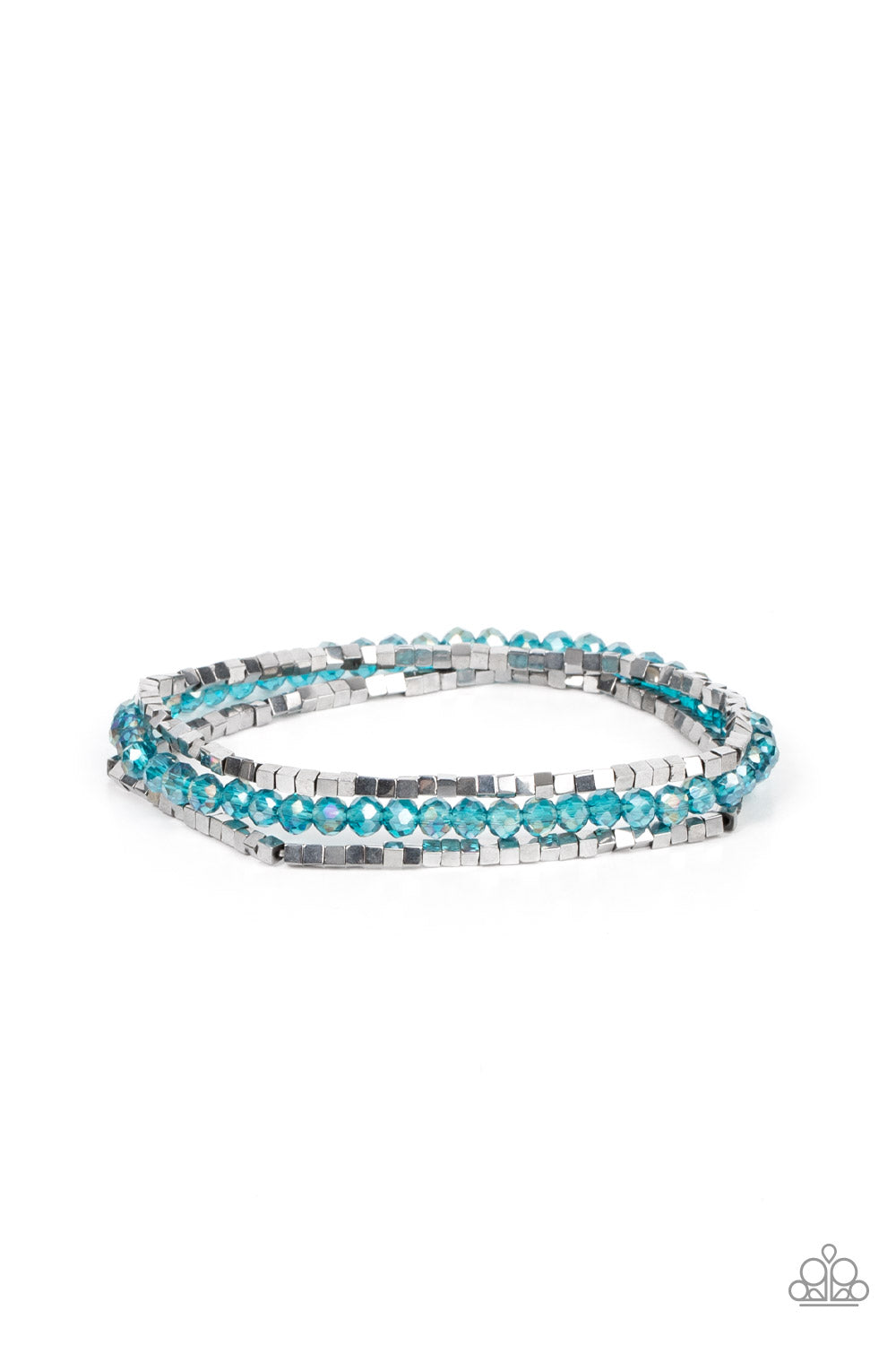 Just a Spritz Blue Bracelet - Paparazzi Accessories Two rows of dainty silver cube beads and one row of iridescent blue crystal-like beads are threaded along stretchy bands around the wrist, creating stellar layers. Sold as one set of three bracelets.