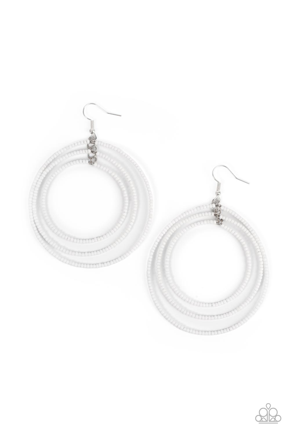 Colorfully Circulating White Earring - Paparazzi Accessories Three oversized rings of dainty white seed beads ripple into colorfully layered hoops, resulting in a dizzying display. Earring attaches to a standard fishhook fitting. Sold as one pair of earrings.