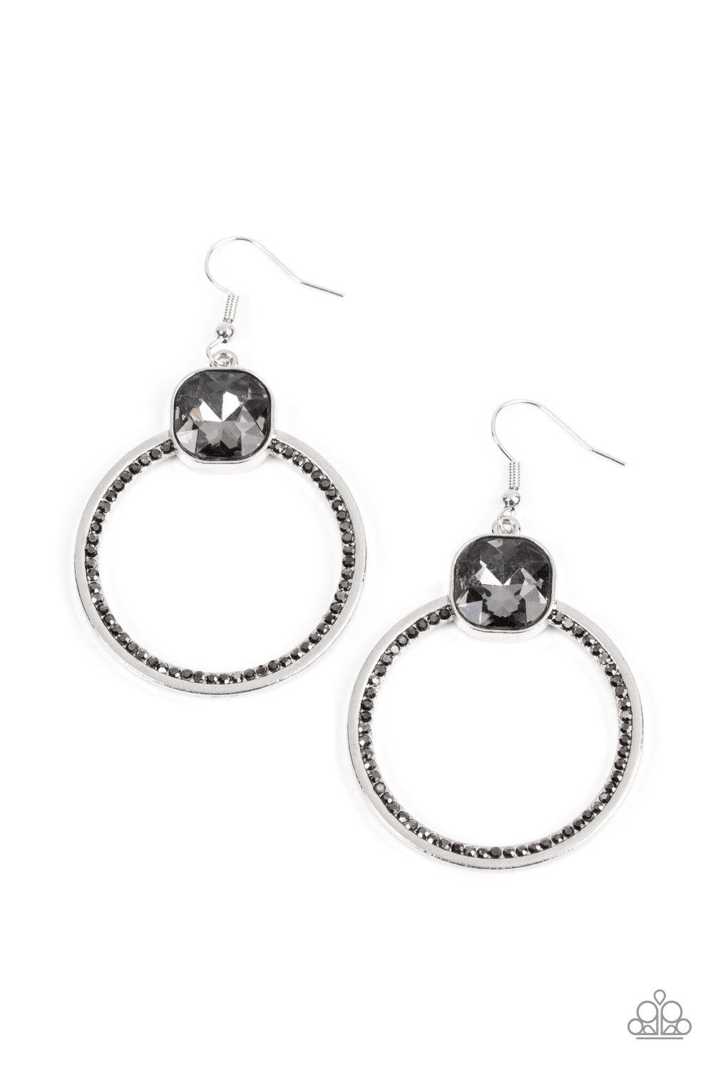 Cheers to Happily Ever After - Silver Item #P5RE-SVXX-324XX An oversized smoky gem sits atop a silver hoop with an inner ring encrusted in glitzy hematite rhinestones, resulting in a timeless twinkle. Earring attaches to a standard fishhook fitting. Sold as one pair of earrings.