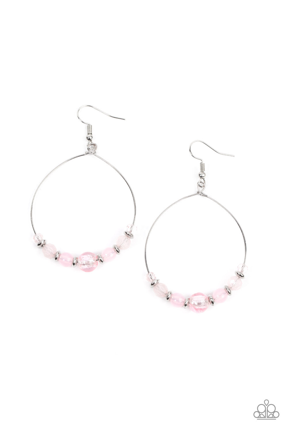 Ambient Afterglow Pink Earring - Paparazzi Accessories Infused with dainty silver accents, opaque and glassy pink beads glide along a wire hoop for an ethereal pop of color. Earring attaches to a standard fishhook fitting. Sold as one pair of earrings.
