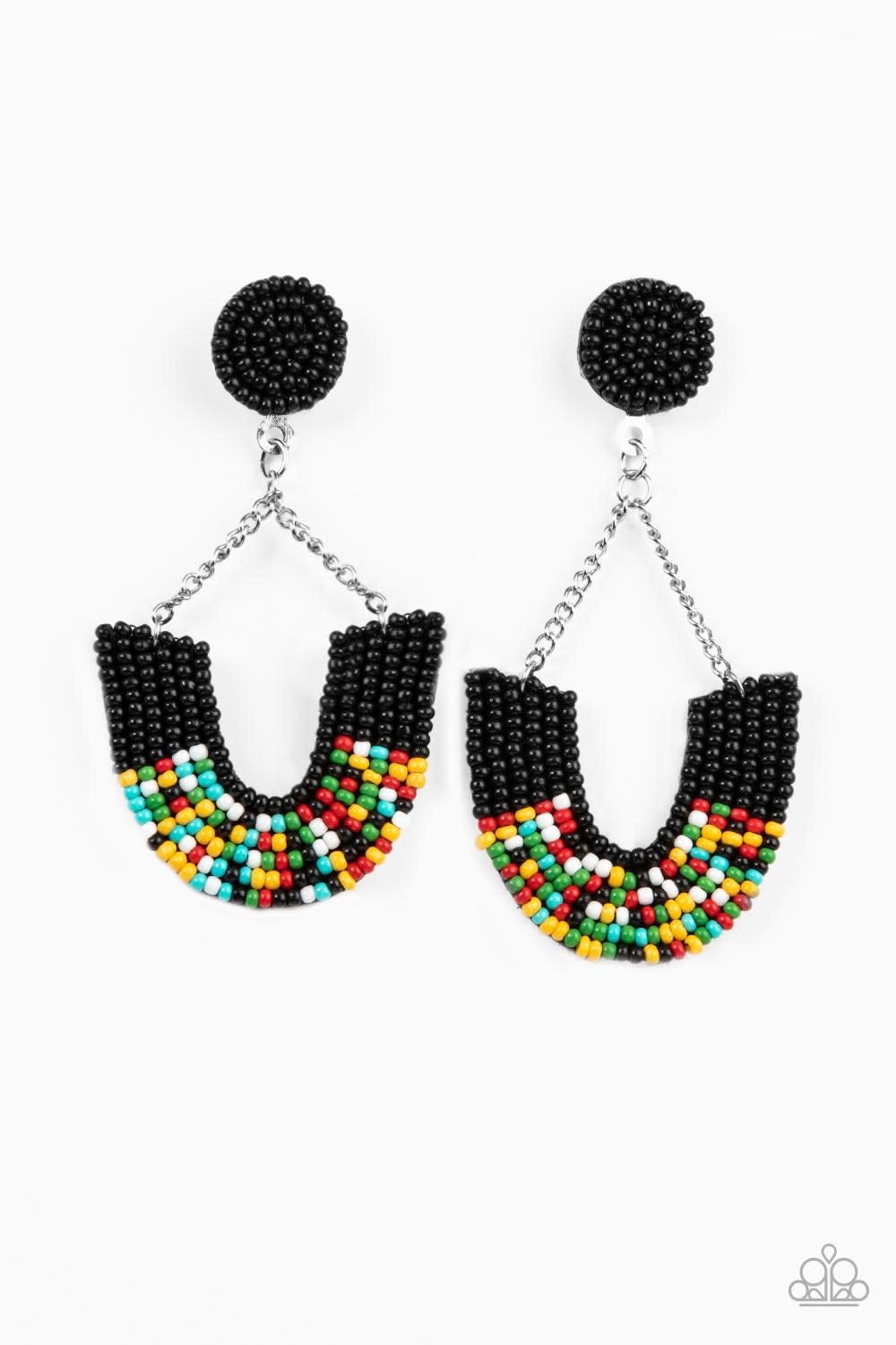 Make it RAINBOW Black Earring - Paparazzi Accessories Adorned in sections of black and multicolored seed beaded accents, a colorful rainbow swings from the bottom of shimmery silver chains that attach to a black seed beaded disc for a bohemian inspired fashion. Earring attaches to a standard post fitting. Sold as one pair of post earrings.