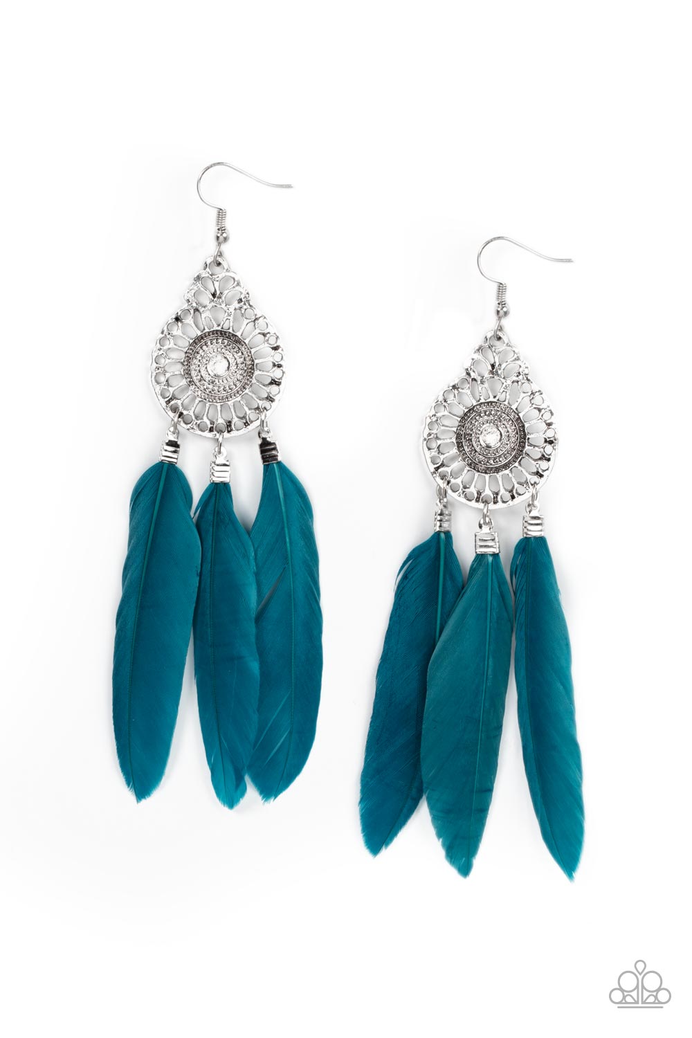 Pretty in PLUMES Blue Earring - Paparazzi Accessories Three Mykonos Blue feathers swing from the bottom of a dizzying silver frame featuring airy filigree detail, resulting in a flirtatiously colorful fringe. Earring attaches to a standard fishhook fitting. Sold as one pair of earrings.
