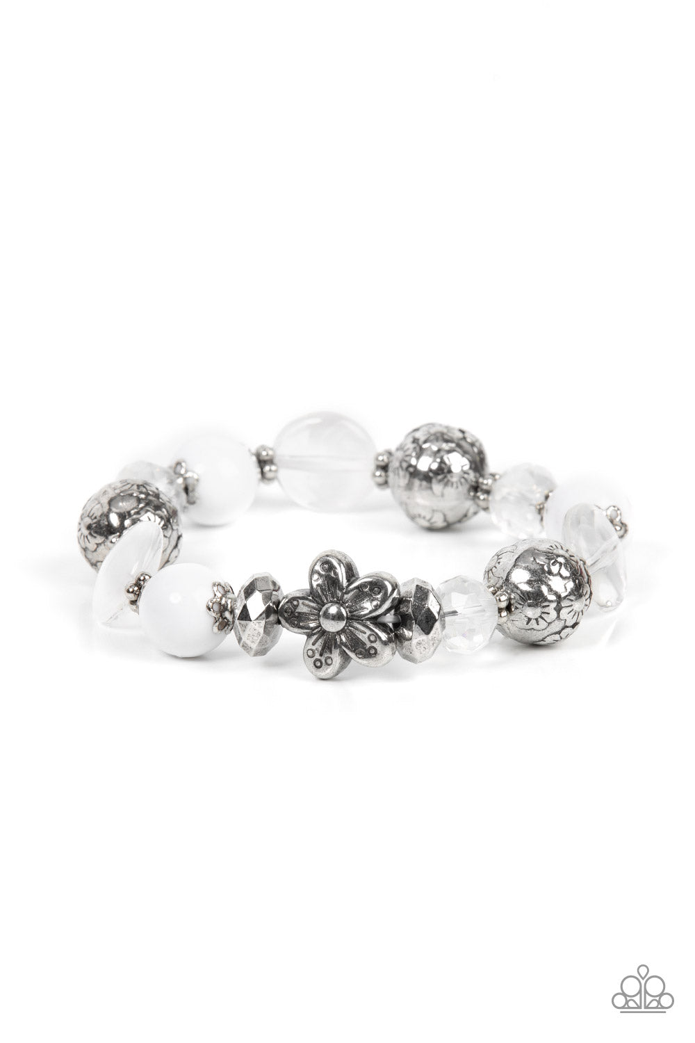 Pretty Persuasion White Bracelet - Paparazzi Accessories An enchanting assortment of silver floral beads and studded silver rings join an opaque, glassy, and iridescent assortment of white beads along a stretchy band around the wrist for a whimsical pop of color. Sold as one individual bracelet.