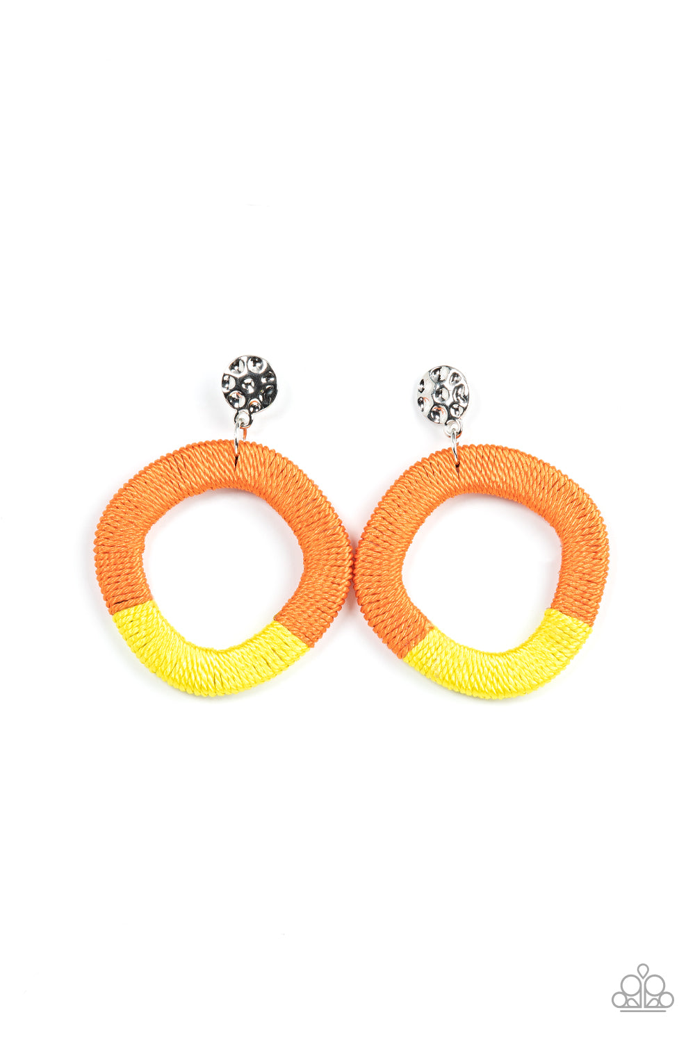 Thats a WRAPAROUND Multi Post Earring - Paparazzi Accessories A hammered silver disc gives way to a wooden frame decoratively wrapped in shiny orange and yellow threaded accents, creating a colorful lure. Earring attaches to a standard post fitting. Sold as one pair of post earrings.