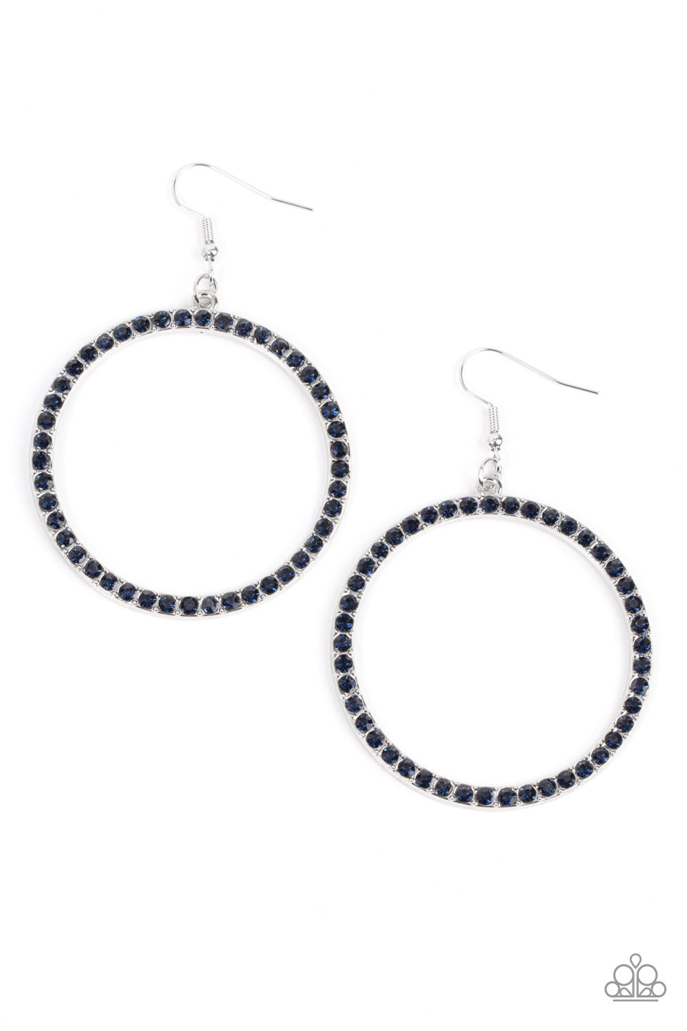Head-Turning Halo Blue Earring - Paparazzi Accessories The front of an oversized silver ring is encrusted in glitzy blue rhinestones, resulting in a head-turning hoop. Earring attaches to a standard fishhook fitting. Sold as one pair of earrings.